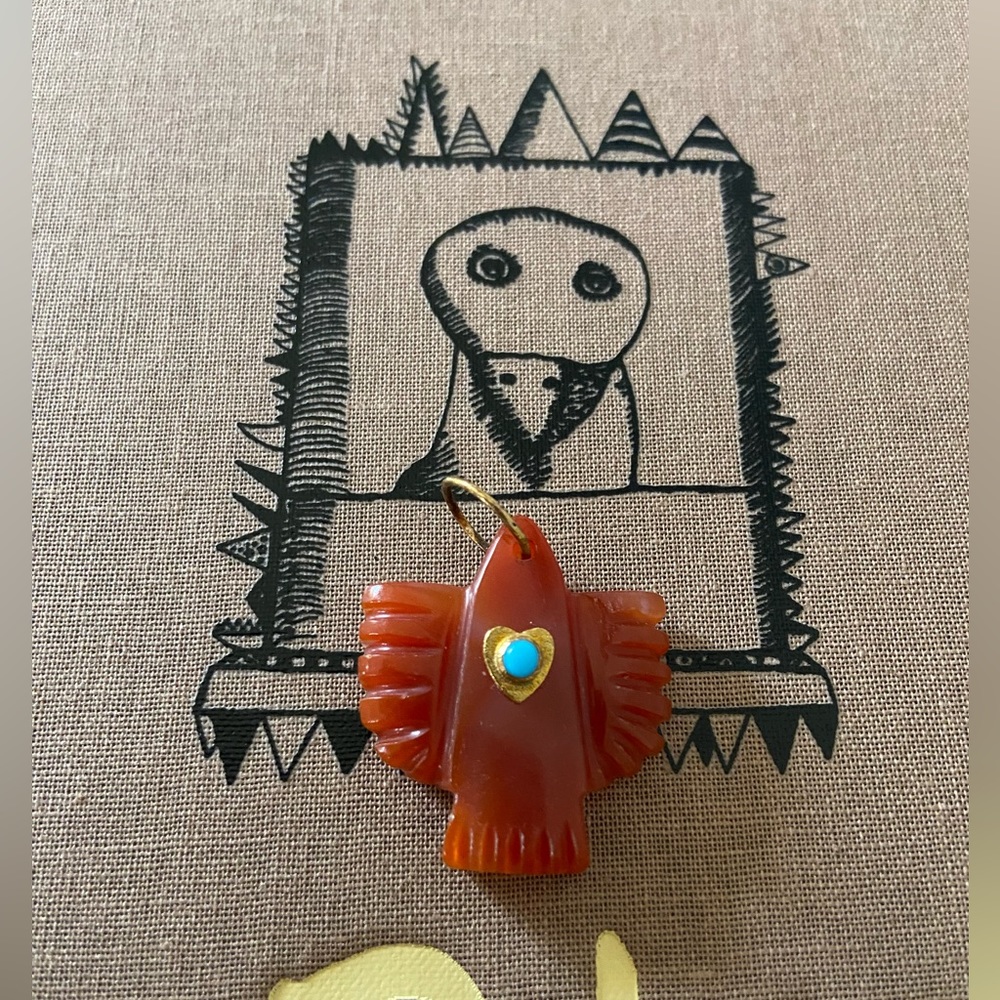 Tova Malibu - Carnelian With Turquoise Heart Bezel Thunderbird Pendant - Picture 6 of 11